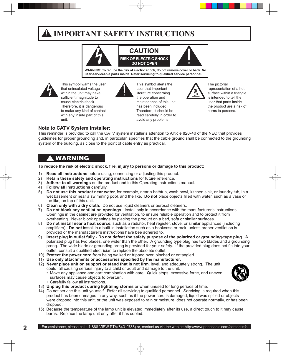 Getting started, Important safety instructions, Caution | Warning | Panasonic PT 60LCX64 User Manual | Page 2 / 112