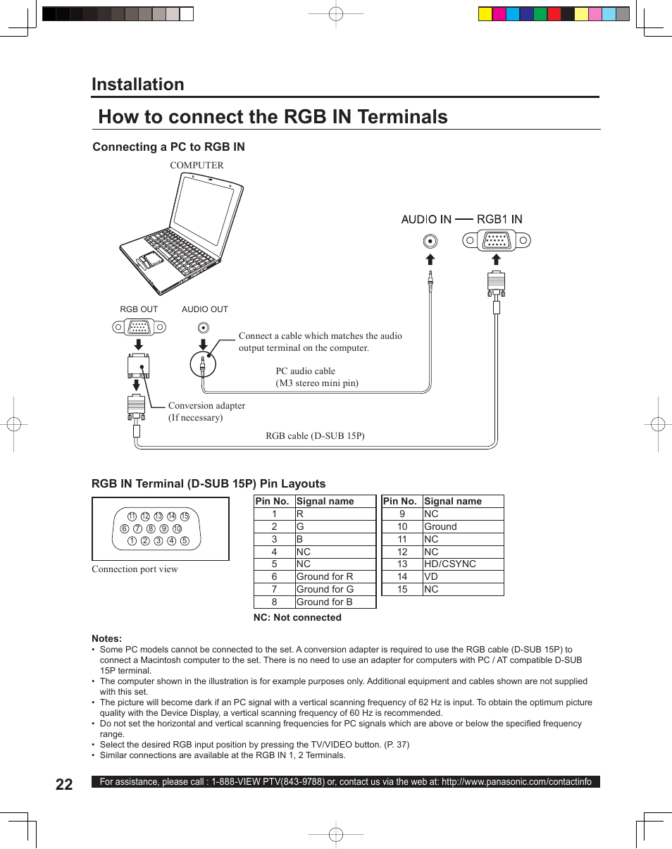 How to connect the rgb in terminals, Installation | Panasonic PT 60LCX64 User Manual | Page 22 / 112