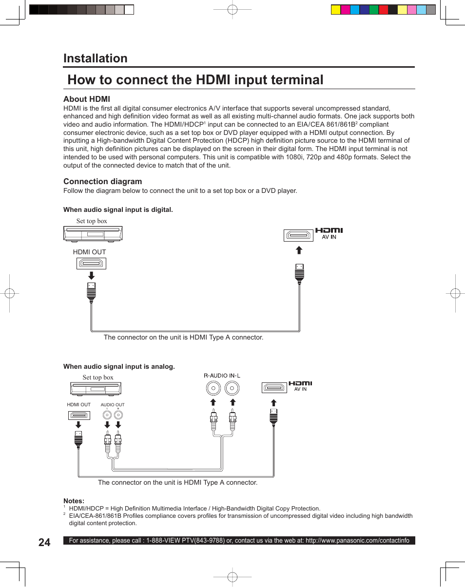 How to connect the hdmi input terminal, Installation | Panasonic PT 60LCX64 User Manual | Page 24 / 112