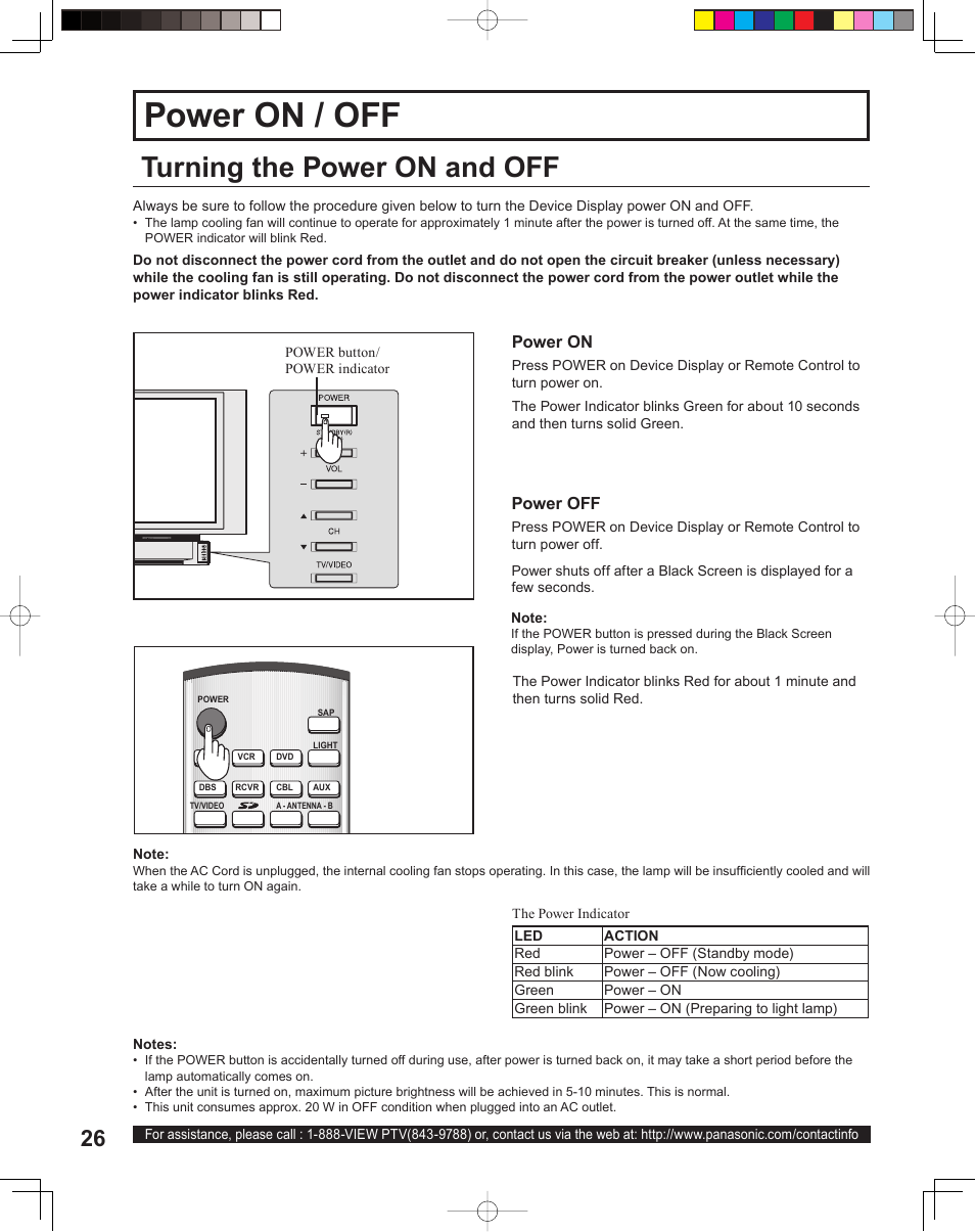 Basic operation, Power on / off, Turning the power on and off | Panasonic PT 60LCX64 User Manual | Page 26 / 112