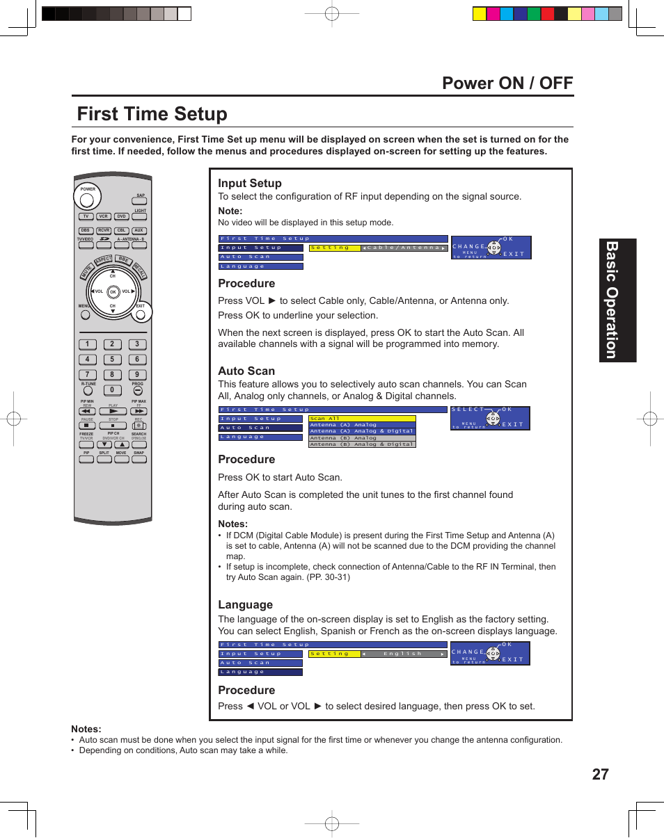 First time setup, Power on / off, 27 basic operation | Input setup, Procedure, Auto scan, Language, No video will be displayed in this setup mode | Panasonic PT 60LCX64 User Manual | Page 27 / 112