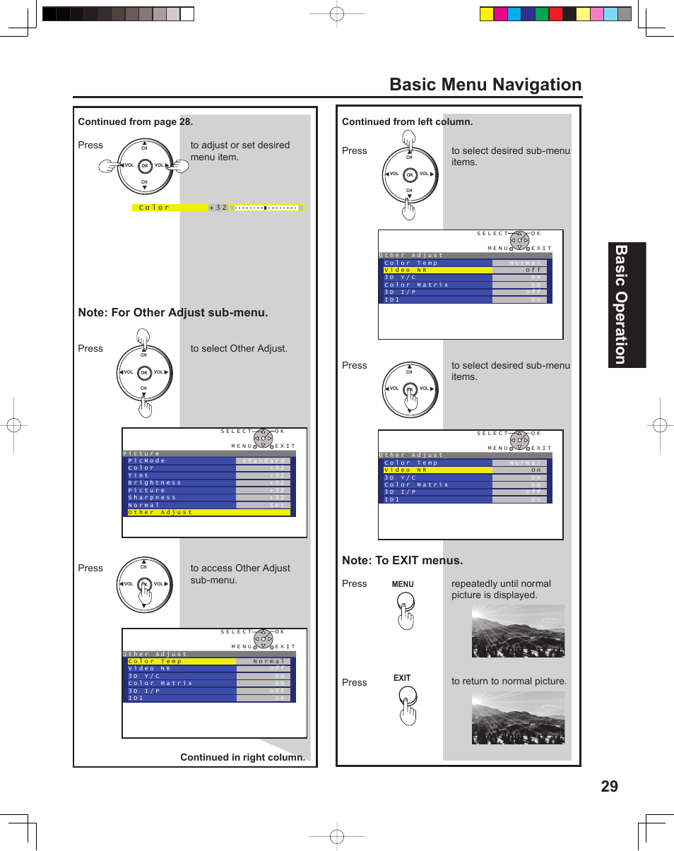 Basic menu navigation, 29 basic operation, Press to adjust or set desired menu item | Press to select other adjust, Press to access other adjust sub-menu, Press to select desired sub-menu items | Panasonic PT 60LCX64 User Manual | Page 29 / 112