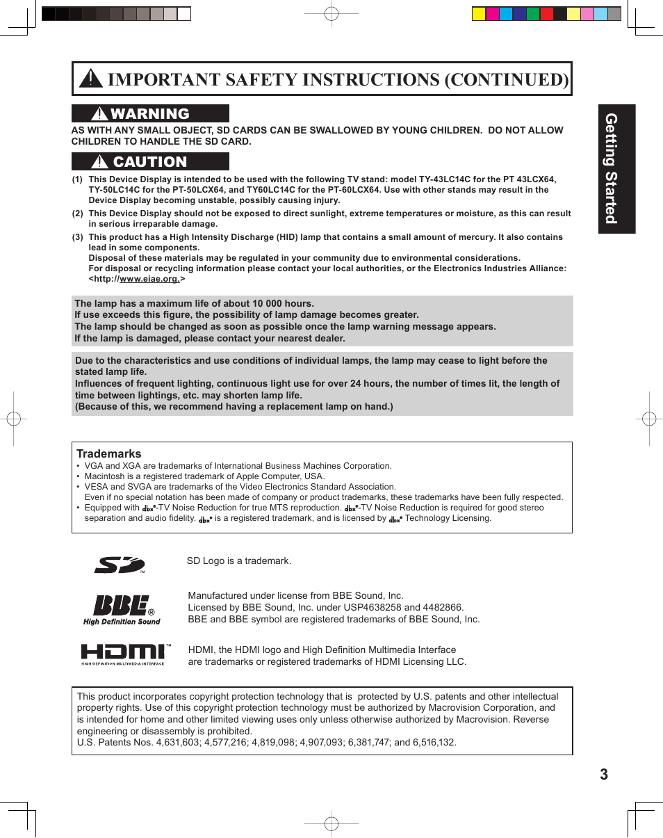 Important safety instructions (continued), 3getting start ed, Warning | Caution | Panasonic PT 60LCX64 User Manual | Page 3 / 112