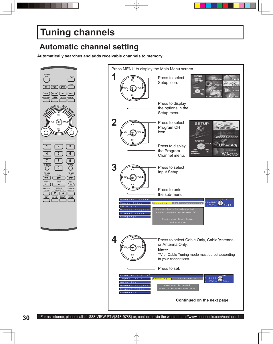 Tuning channels, Automatic channel setting | Panasonic PT 60LCX64 User Manual | Page 30 / 112