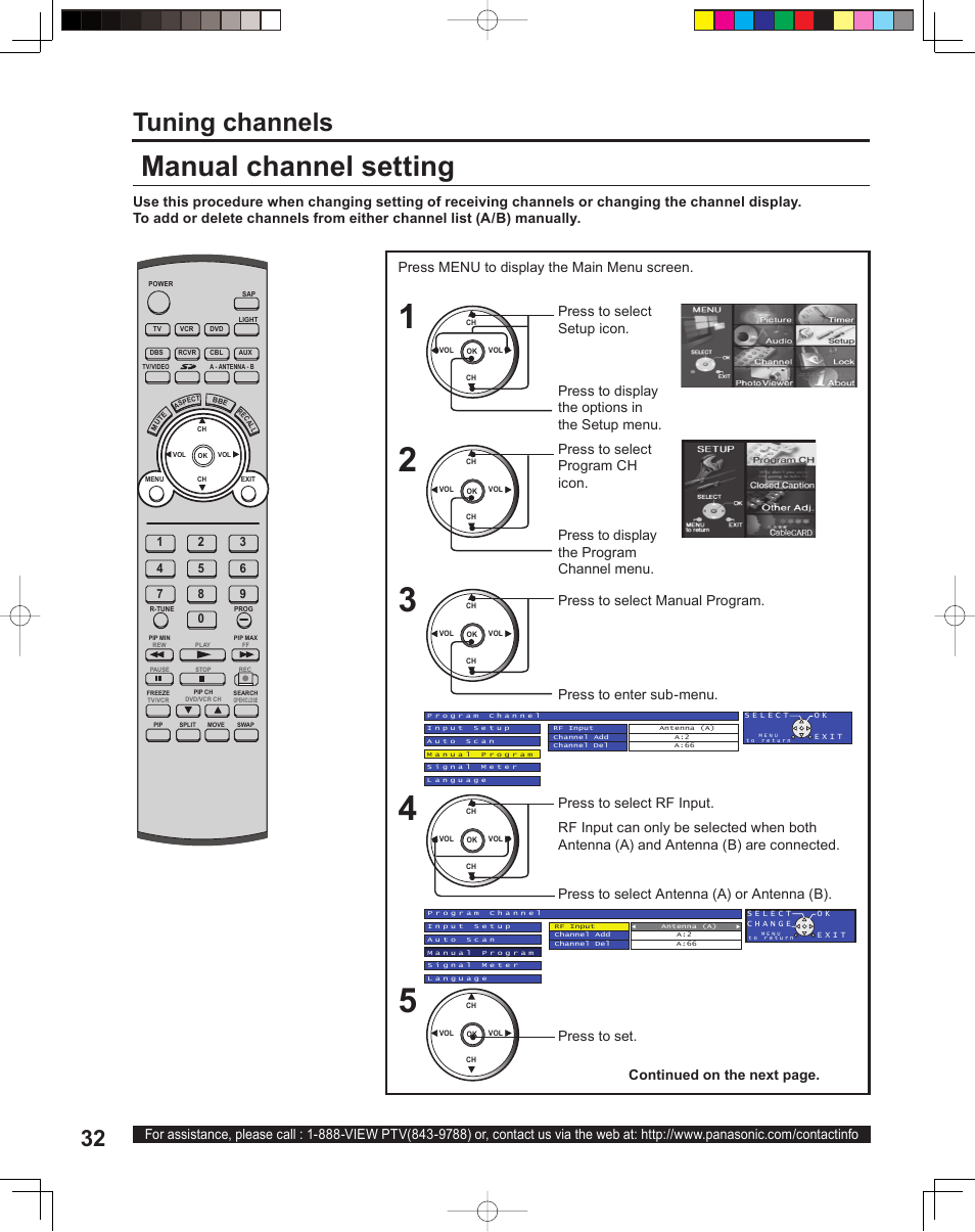 Manual channel setting, Tuning channels, Press to select antenna (a) or antenna (b) | Press to select rf input, Press to set | Panasonic PT 60LCX64 User Manual | Page 32 / 112