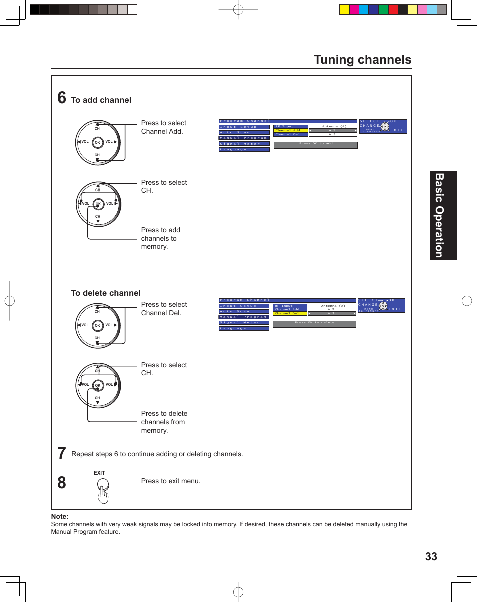 Tuning channels, 33 basic operation, Press to select channel add | Press to select channel del, Press to select ch | Panasonic PT 60LCX64 User Manual | Page 33 / 112