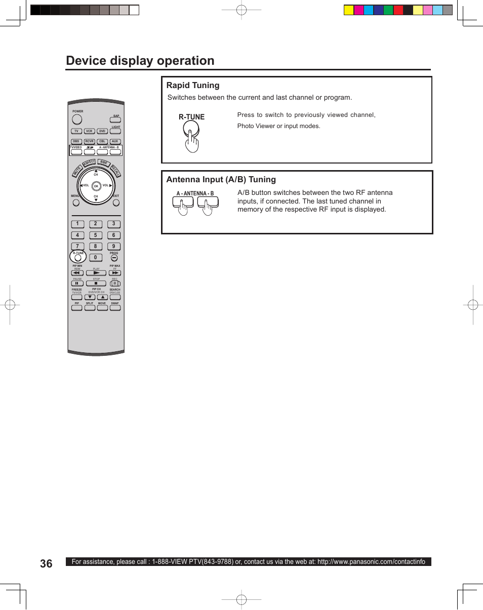 Device display operation, Rapid tuning, Antenna input (a/b) tuning | R-tune | Panasonic PT 60LCX64 User Manual | Page 36 / 112