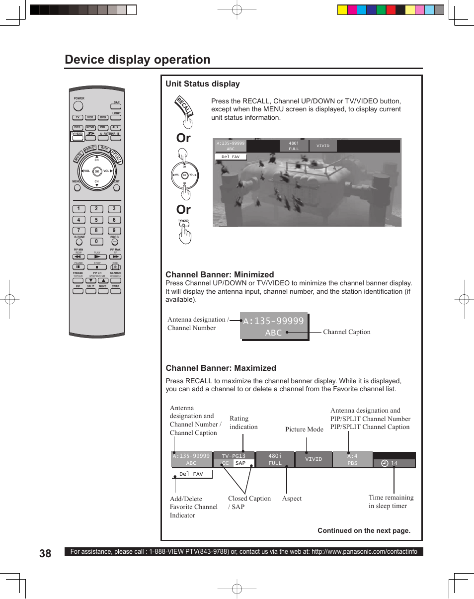 Device display operation, Unit status display channel banner: minimized, Channel banner: maximized | Continued on the next page | Panasonic PT 60LCX64 User Manual | Page 38 / 112