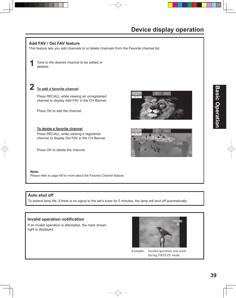 Device display operation, 39 basic operation | Panasonic PT 60LCX64 User Manual | Page 39 / 112