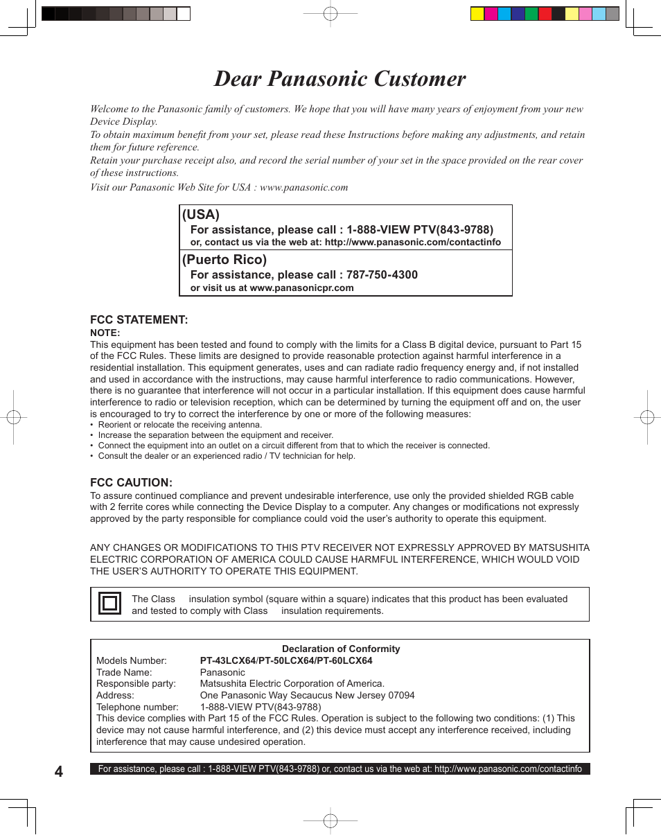 Dear panasonic customer, Usa), Puerto rico) | Panasonic PT 60LCX64 User Manual | Page 4 / 112