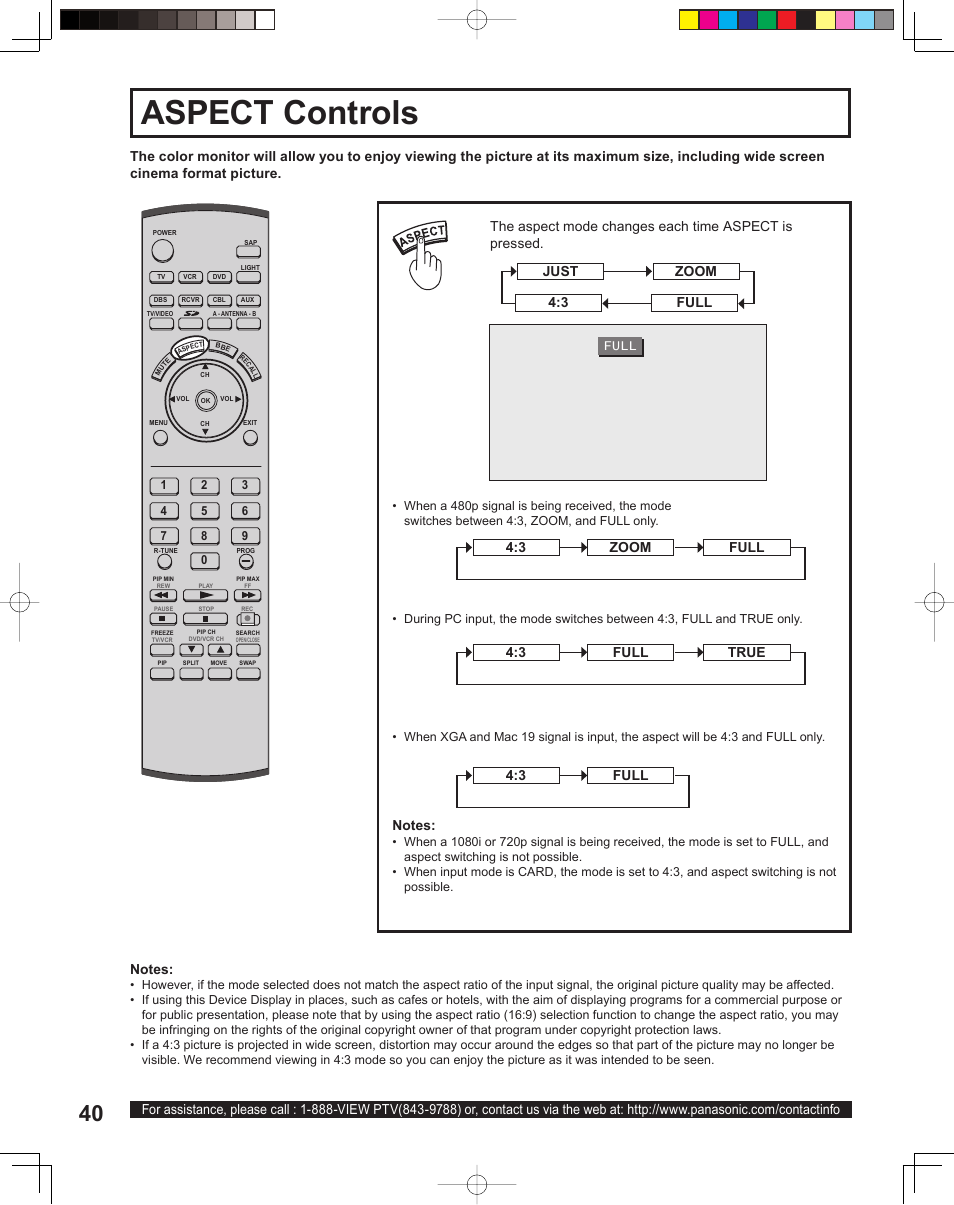 Aspect controls, Aspect con trols | Panasonic PT 60LCX64 User Manual | Page 40 / 112