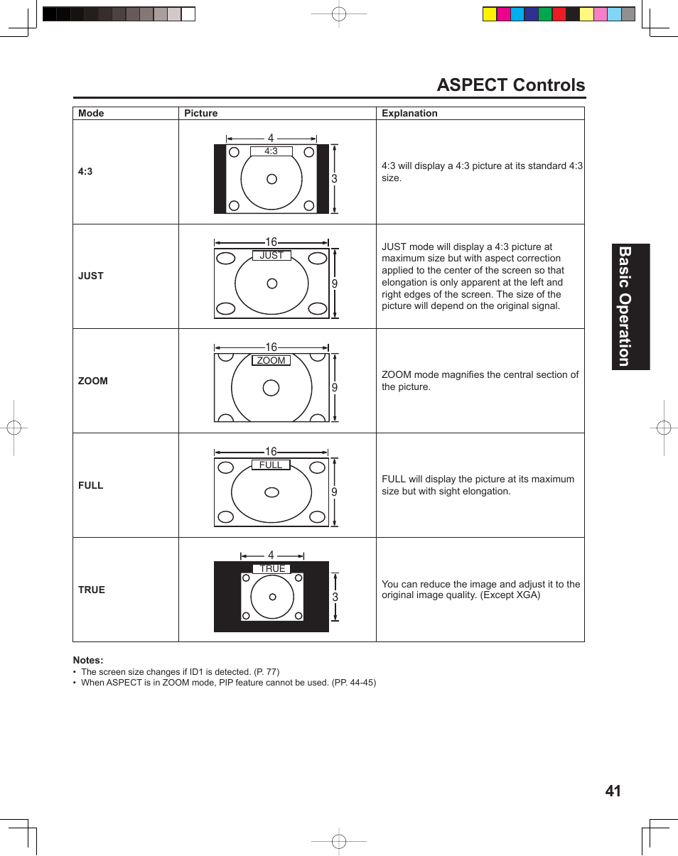 Aspect controls, 41 basic operation | Panasonic PT 60LCX64 User Manual | Page 41 / 112