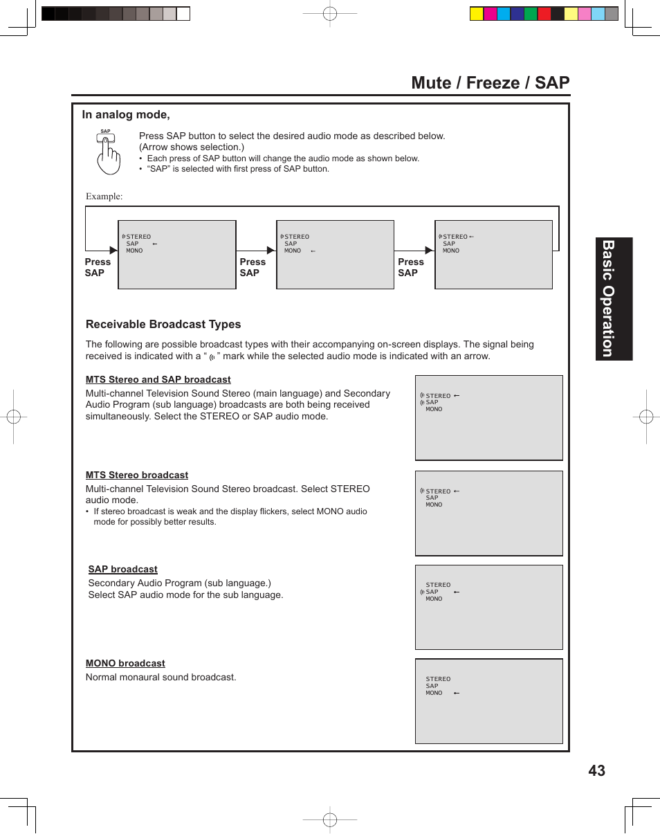Mute / freeze / sap, 43 basic operation | Panasonic PT 60LCX64 User Manual | Page 43 / 112