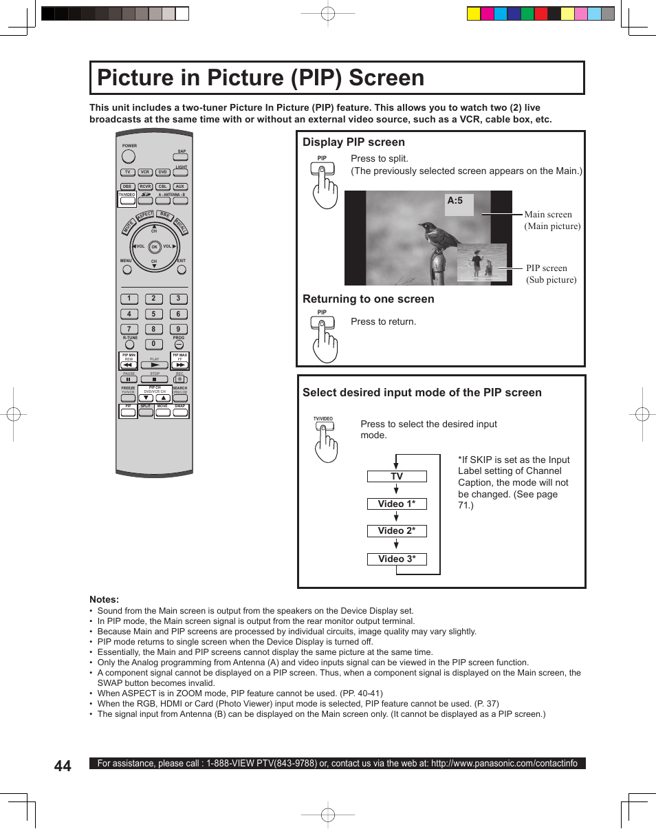 Picture in picture (pip) screen, Display pip screen, Returning to one screen | Select desired input mode of the pip screen | Panasonic PT 60LCX64 User Manual | Page 44 / 112