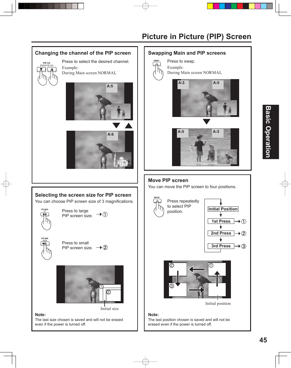 Picture in pic ture (pip) screen, 45 basic operation, Swapping main and pip screens | Selecting the screen size for pip screen | Panasonic PT 60LCX64 User Manual | Page 45 / 112