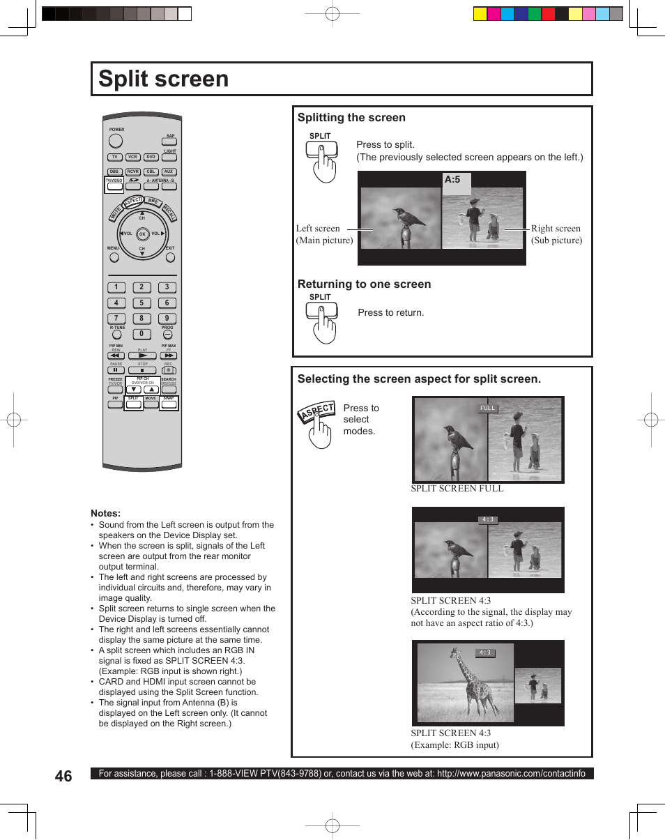 Split screen, Splitting the screen, Returning to one screen | Selecting the screen aspect for split screen, Press to return, Press to select modes | Panasonic PT 60LCX64 User Manual | Page 46 / 112