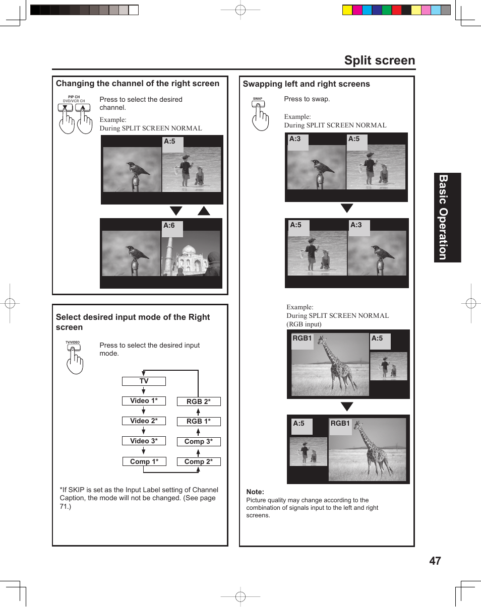 Split screen, 47 basic operation | Panasonic PT 60LCX64 User Manual | Page 47 / 112