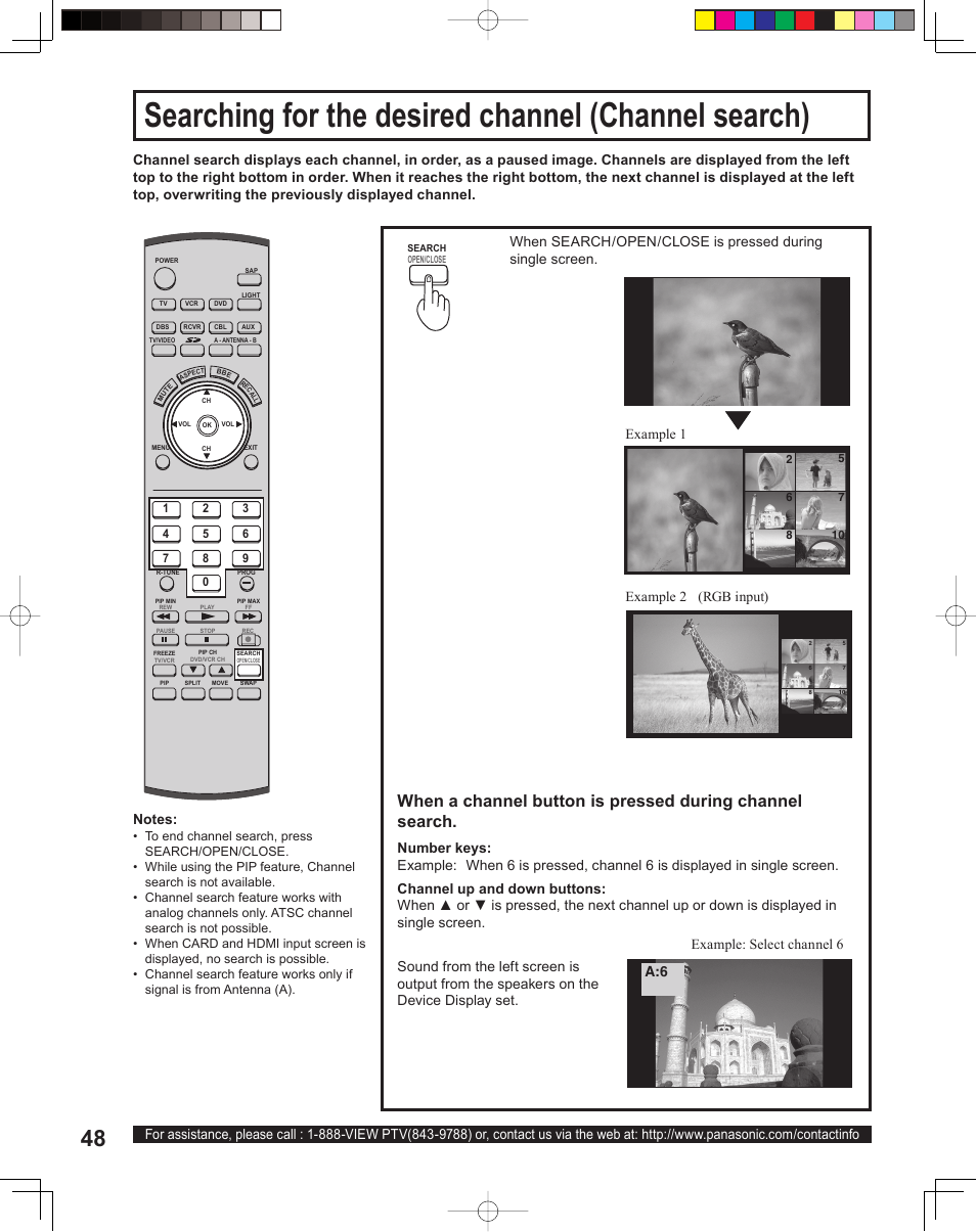 Searching for the desired channel (channel search), Example: select channel 6 | Panasonic PT 60LCX64 User Manual | Page 48 / 112