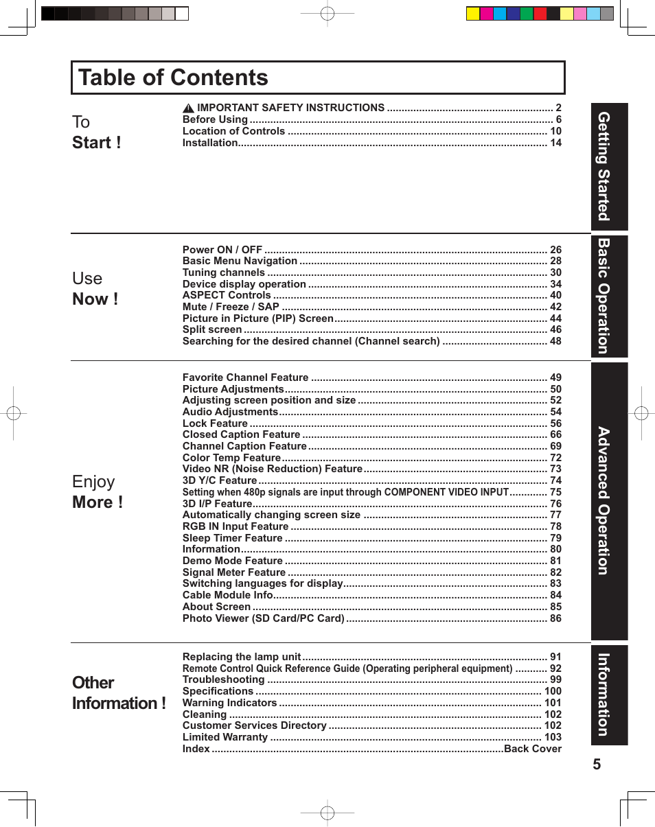 Panasonic PT 60LCX64 User Manual | Page 5 / 112