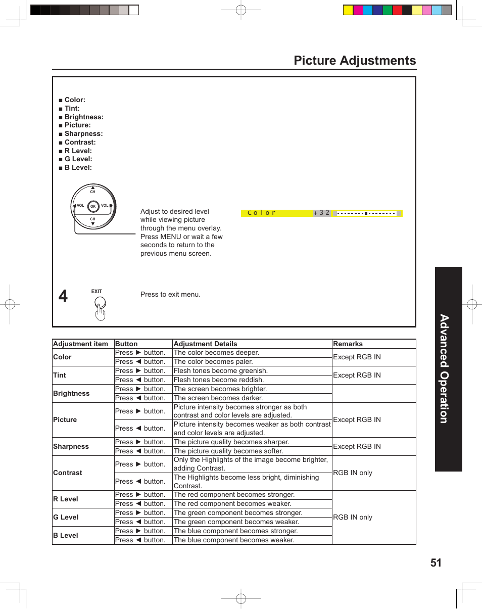 Picture adjustments, 51 advanced op er a tion | Panasonic PT 60LCX64 User Manual | Page 51 / 112