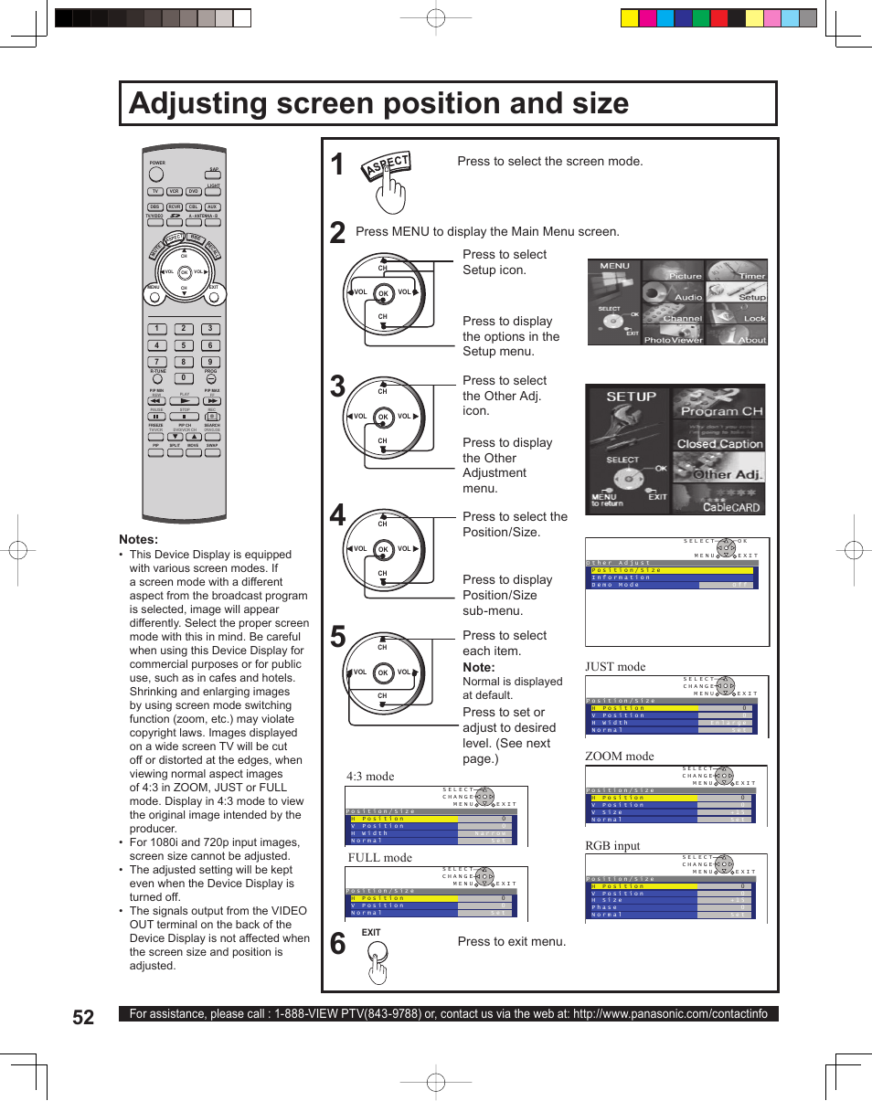 Adjusting screen position and size, Press to display position/size sub-menu, Just mode | Press to select each item, Zoom mode, Rgb input, Press menu to display the main menu screen, Normal is displayed at default | Panasonic PT 60LCX64 User Manual | Page 52 / 112