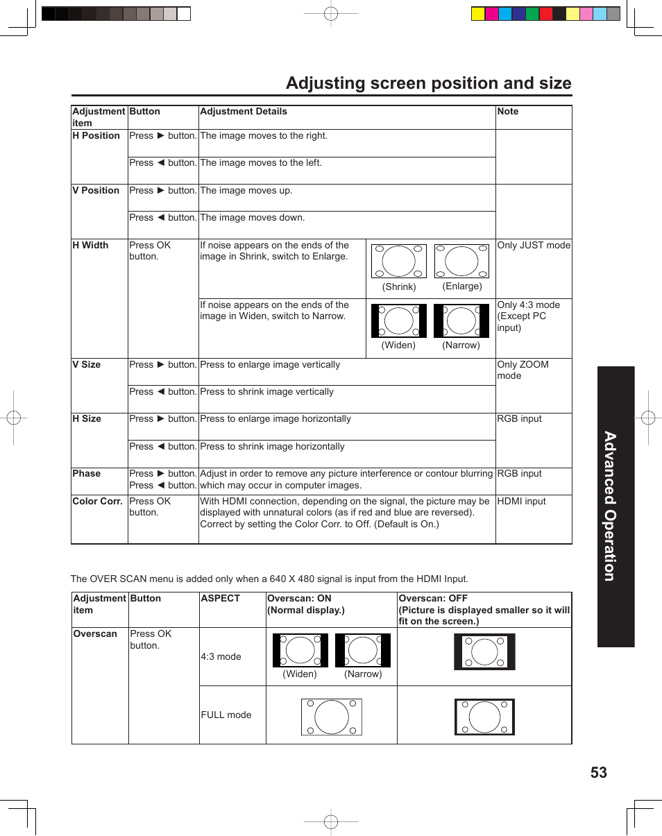 Adjusting screen position and size, 53 advanced op er a tion | Panasonic PT 60LCX64 User Manual | Page 53 / 112