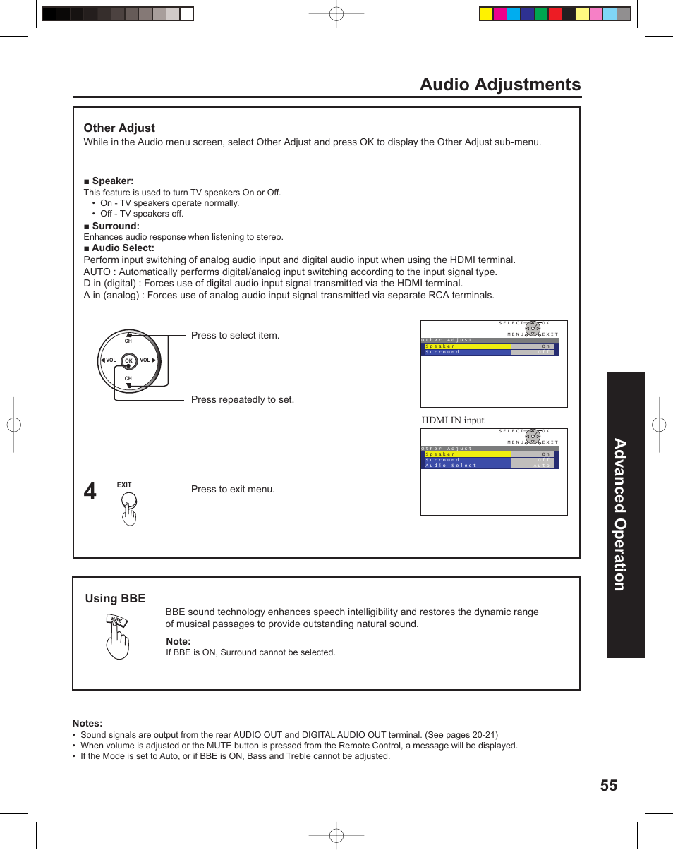 Audio adjustments, 55 advanced op er a tion, Using bbe | Other adjust | Panasonic PT 60LCX64 User Manual | Page 55 / 112