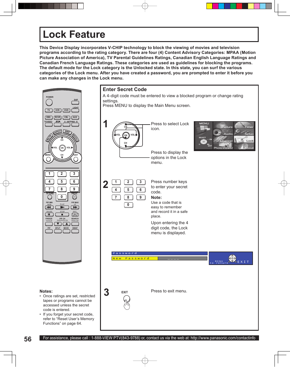 Lock feature, Enter secret code | Panasonic PT 60LCX64 User Manual | Page 56 / 112