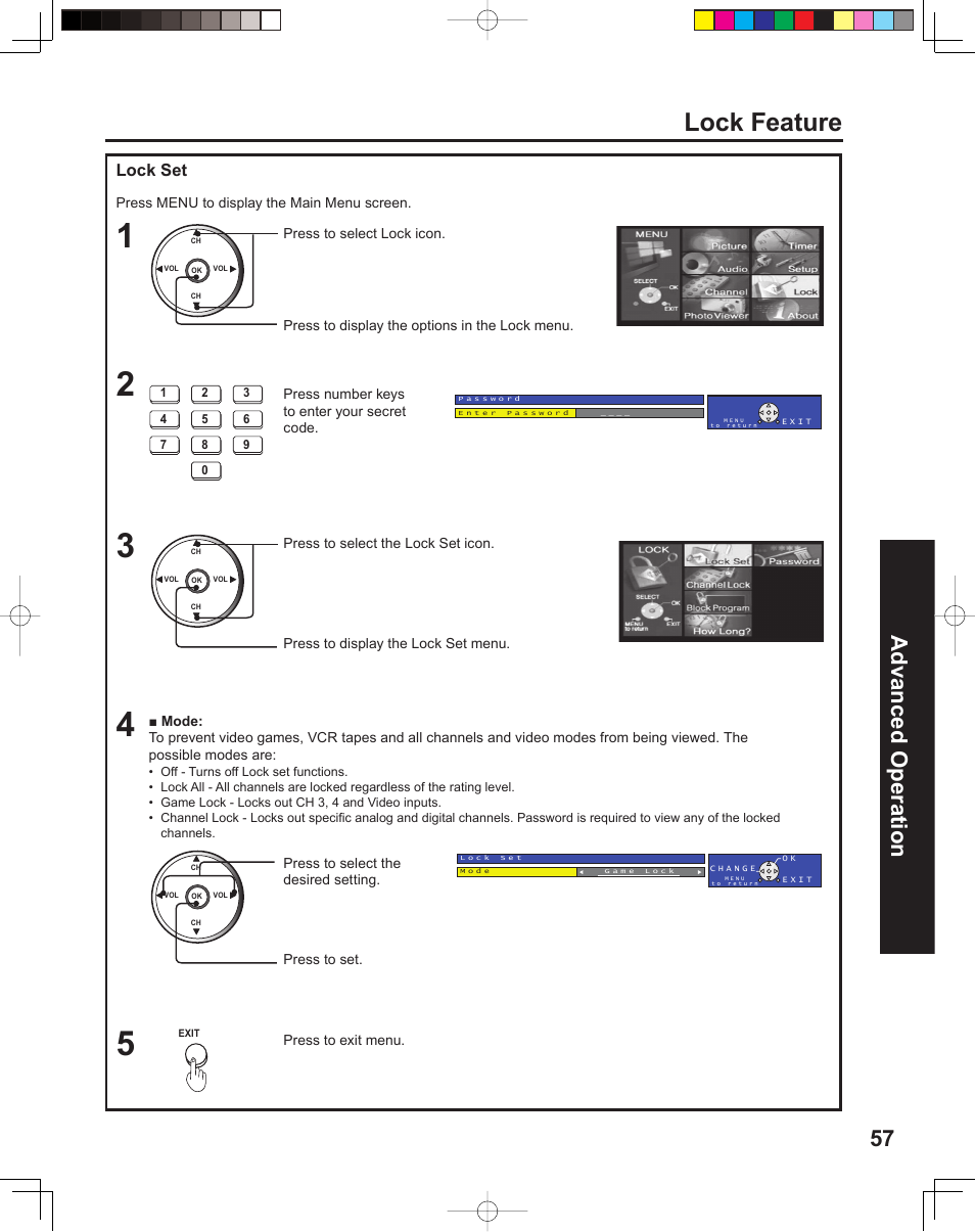 Lock feature, 57 advanced op er a tion, Lock set | Panasonic PT 60LCX64 User Manual | Page 57 / 112