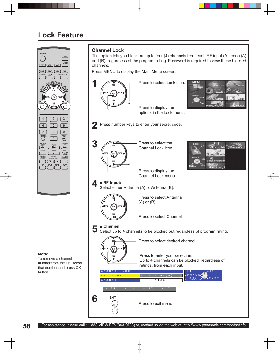 Lock feature, Channel lock, Press to display the channel lock menu | Press to select antenna (a) or (b), Press to exit menu, Press menu to display the main menu screen, Press to select channel, Press number keys to enter your secret code | Panasonic PT 60LCX64 User Manual | Page 58 / 112
