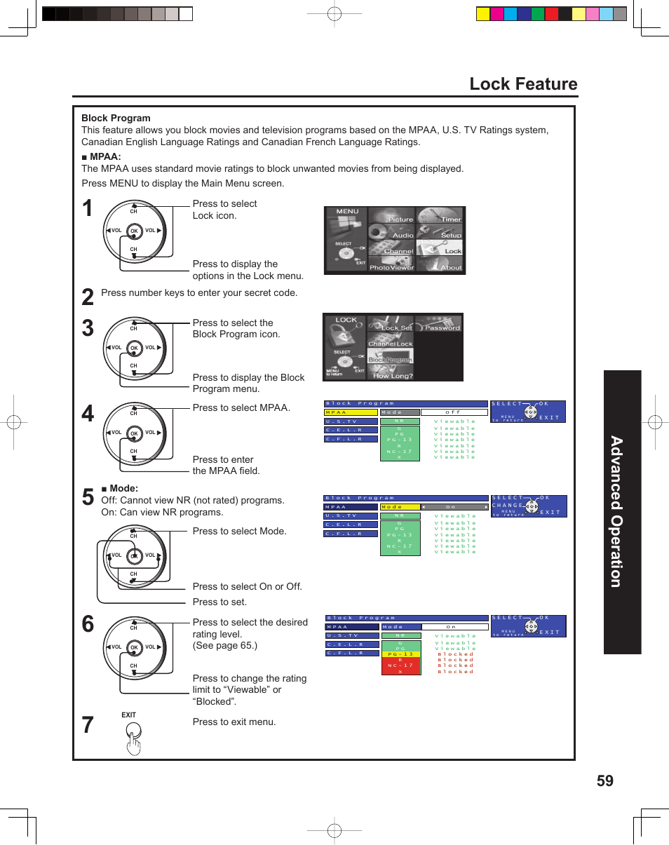 Lock feature, 59 advanced op er a tion, Press to select mpaa | Press to exit menu, Press to display the block program menu, Press number keys to enter your secret code | Panasonic PT 60LCX64 User Manual | Page 59 / 112