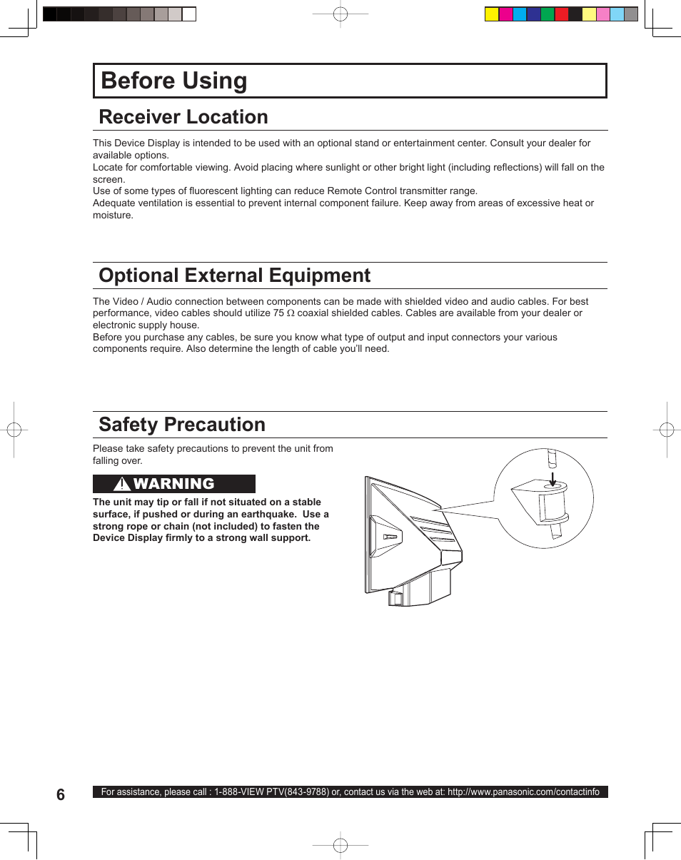 Before using, Receiver location, Optional external equipment | Safety precaution | Panasonic PT 60LCX64 User Manual | Page 6 / 112