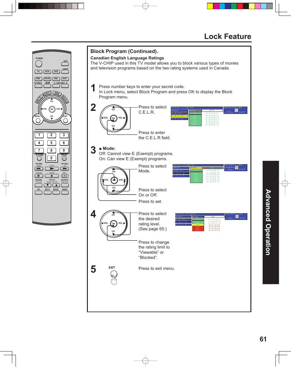 Lock feature, 61 advanced op er a tion, Block program (continued) | Press to select c.e.l.r, Press to enter the c.e.l.r fi eld, Press to exit menu, Press to set | Panasonic PT 60LCX64 User Manual | Page 61 / 112