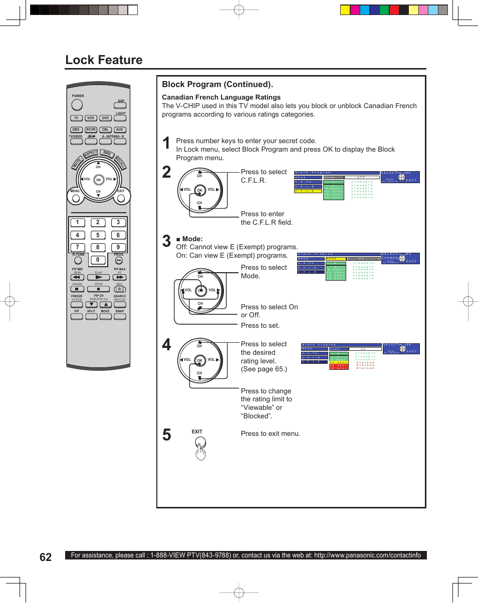 Lock feature, Block program (continued), Press to select c.f.l.r | Press to enter the c.f.l.r fi eld, Press to exit menu, Press to set | Panasonic PT 60LCX64 User Manual | Page 62 / 112