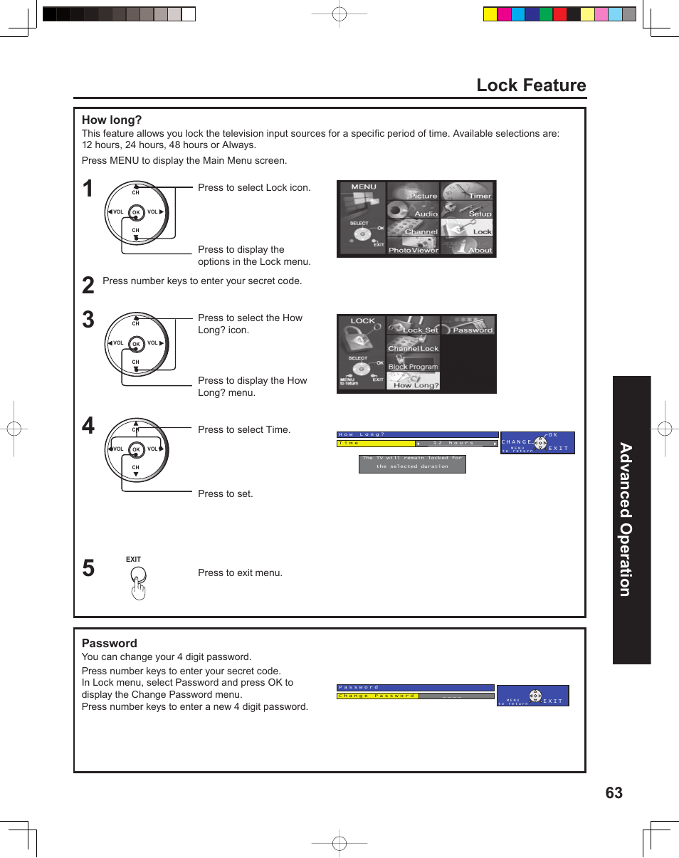 Lock feature, 63 advanced op er a tion, How long | Password | Panasonic PT 60LCX64 User Manual | Page 63 / 112