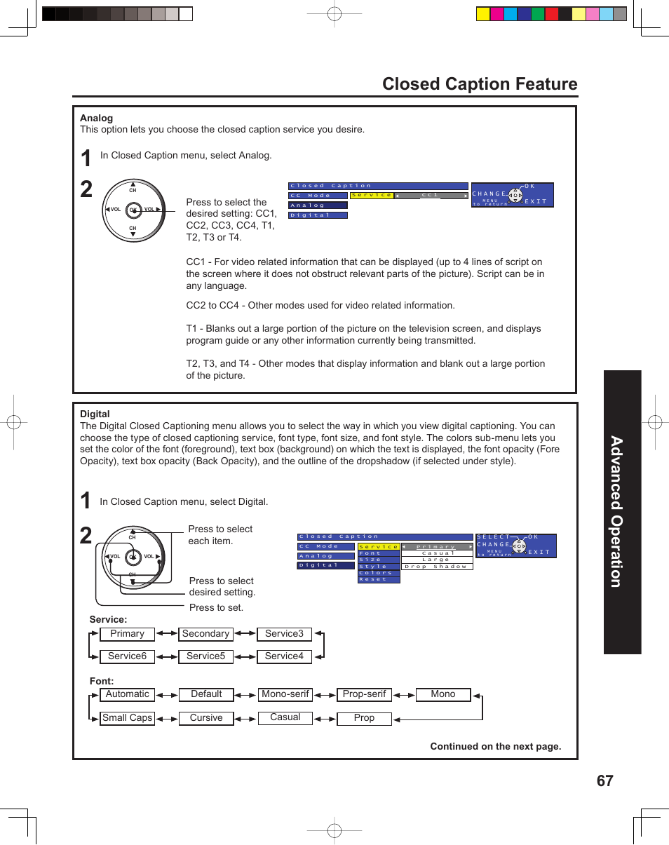 Closed caption feature, 67 advanced op er a tion | Panasonic PT 60LCX64 User Manual | Page 67 / 112
