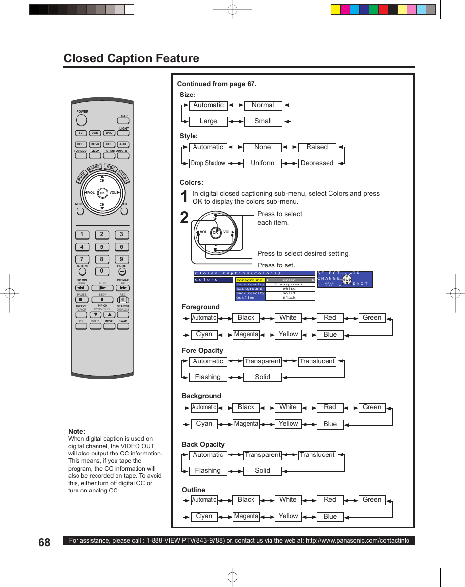 Closed caption feature | Panasonic PT 60LCX64 User Manual | Page 68 / 112