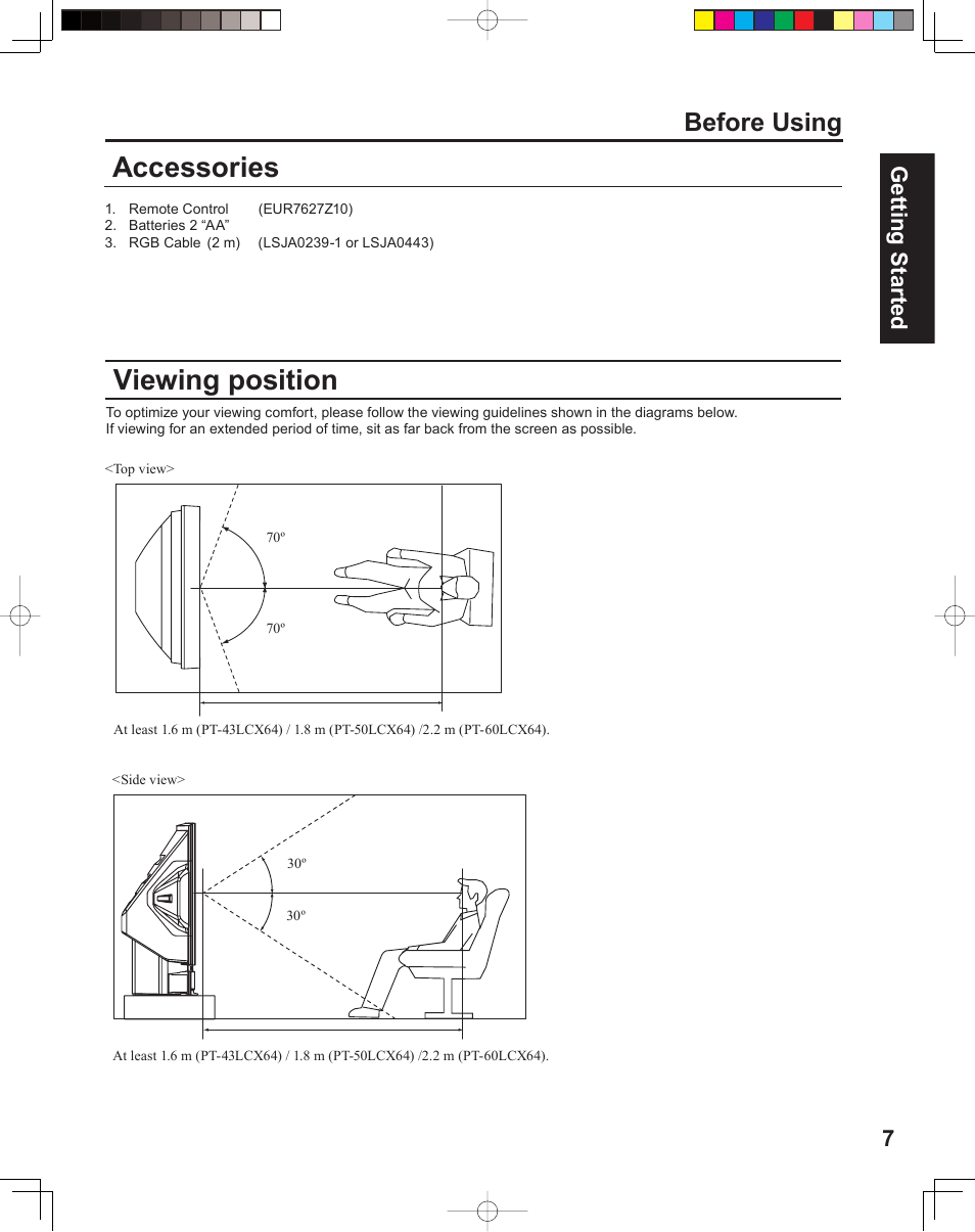 Accessories, Viewing position, Before using | 7getting start ed | Panasonic PT 60LCX64 User Manual | Page 7 / 112