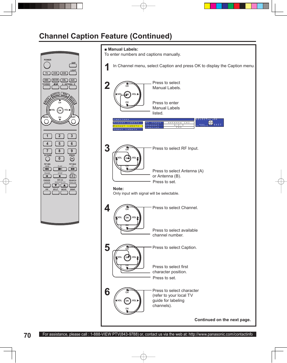 Channel caption feature (continued) | Panasonic PT 60LCX64 User Manual | Page 70 / 112
