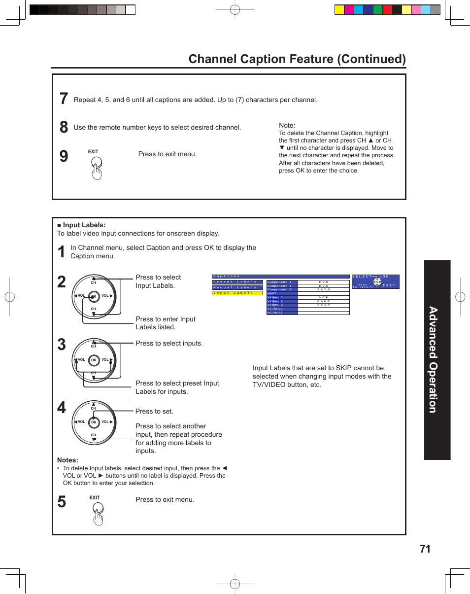 Channel caption feature (continued), 71 advanced op er a tion | Panasonic PT 60LCX64 User Manual | Page 71 / 112