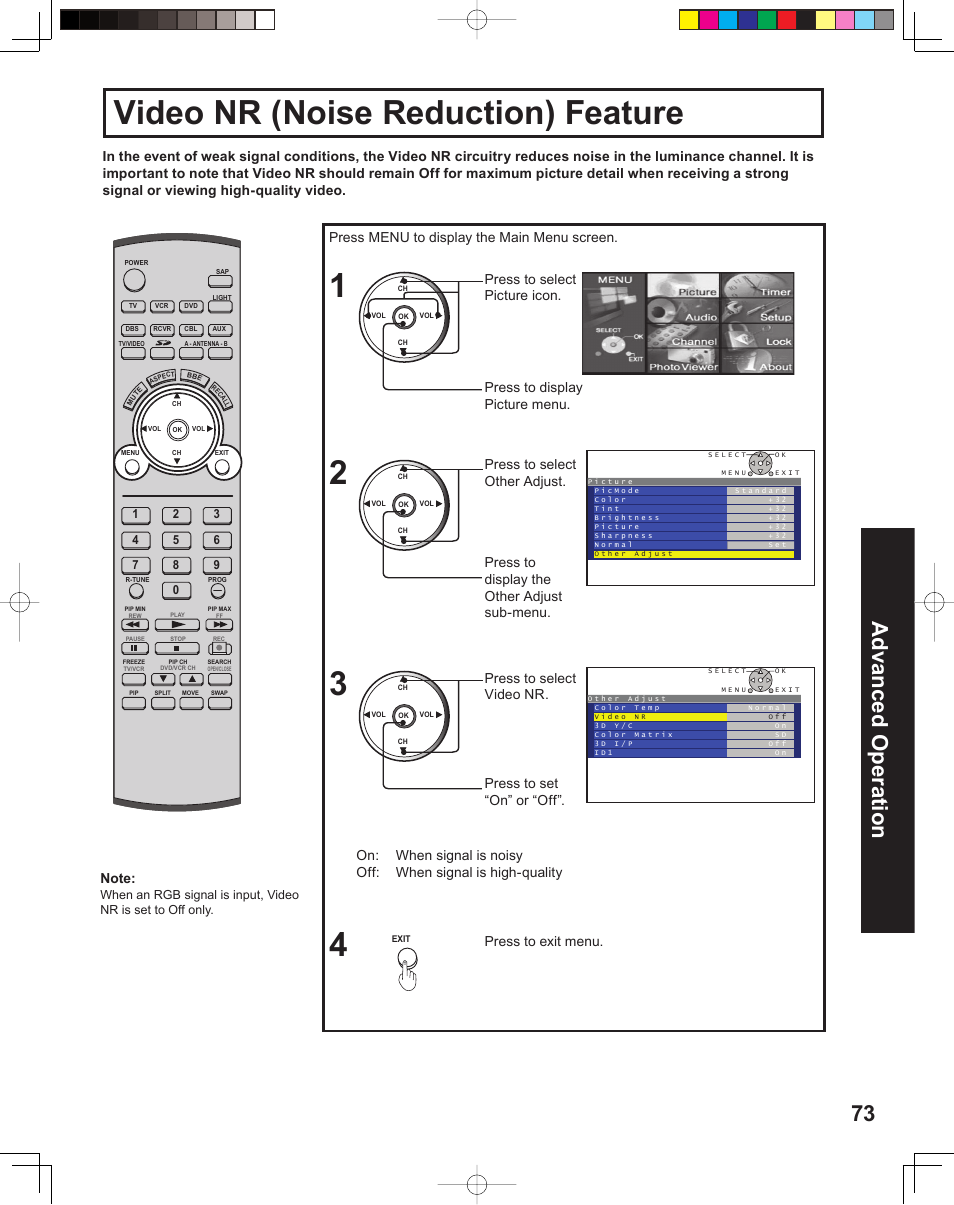 Video nr (noise reduction) feature, 73 advanced op er a tion | Panasonic PT 60LCX64 User Manual | Page 73 / 112