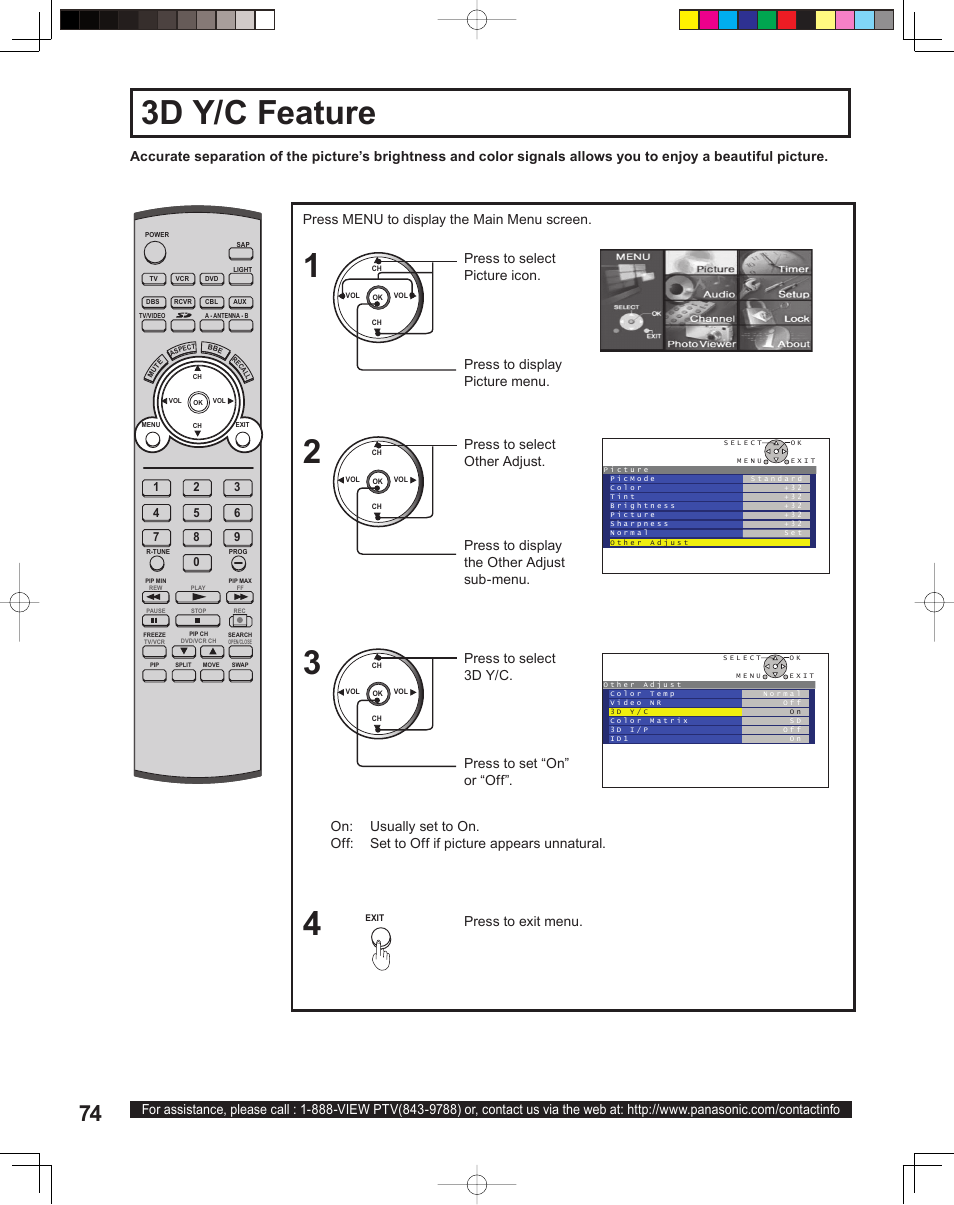 3d y / c feature, 3d y/c feature | Panasonic PT 60LCX64 User Manual | Page 74 / 112