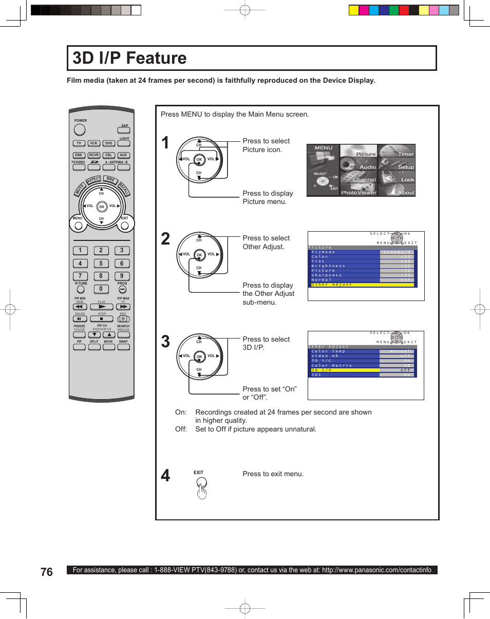 3d i / p feature, 3d i/p feature, Press to display the other adjust sub-menu | Panasonic PT 60LCX64 User Manual | Page 76 / 112