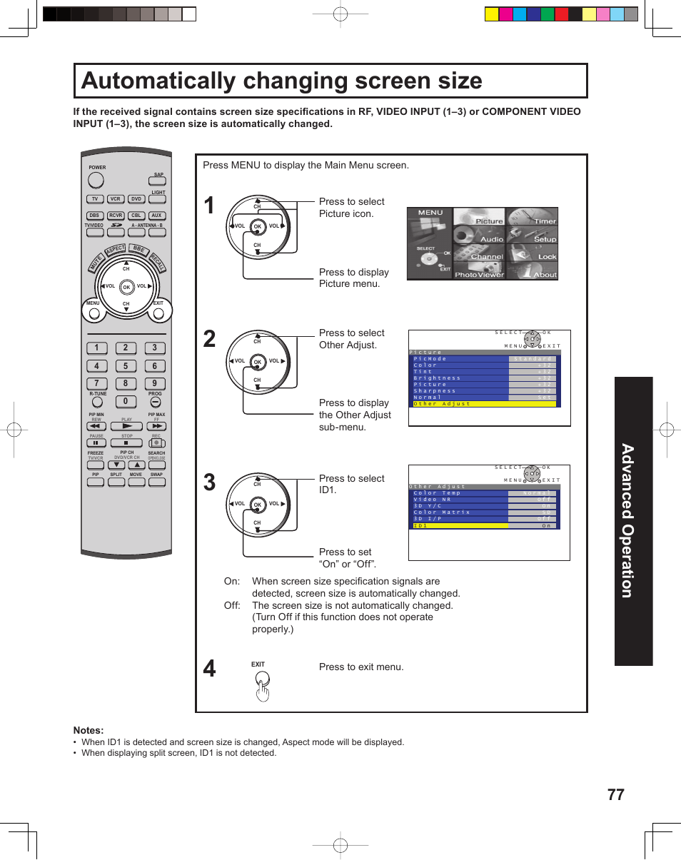 Automatically changing screen size, 77 advanced op er a tion | Panasonic PT 60LCX64 User Manual | Page 77 / 112
