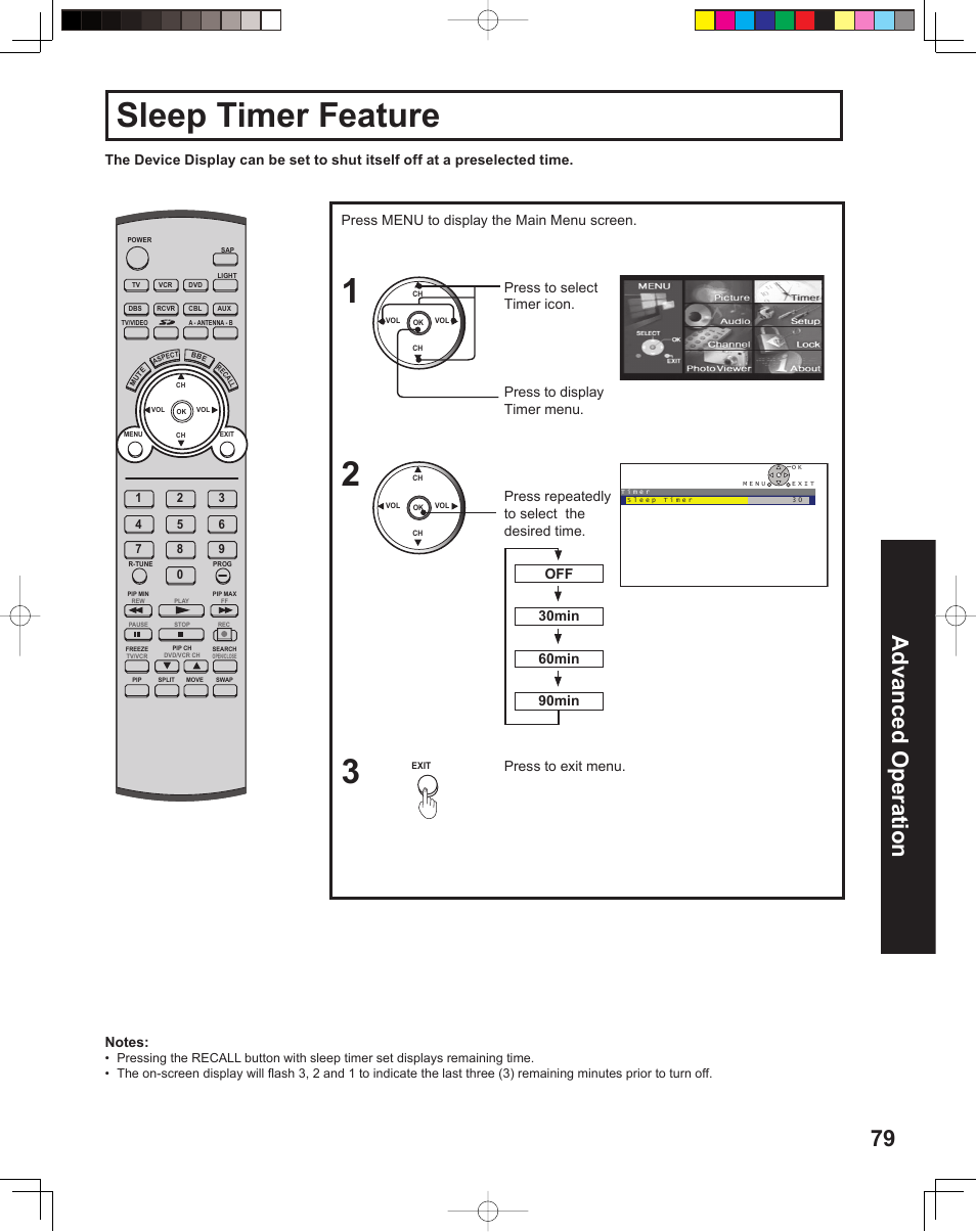 Sleep timer feature, 79 advanced op er a tion | Panasonic PT 60LCX64 User Manual | Page 79 / 112