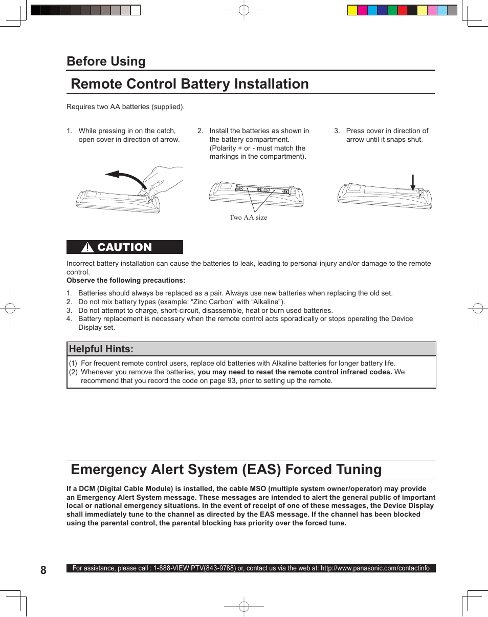 Emergency alert system ( eas) forced tuning, Remote control battery installation, Before using | Caution | Panasonic PT 60LCX64 User Manual | Page 8 / 112