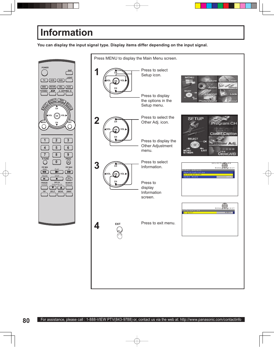 Information, Press to exit menu, Press to display information screen | Panasonic PT 60LCX64 User Manual | Page 80 / 112