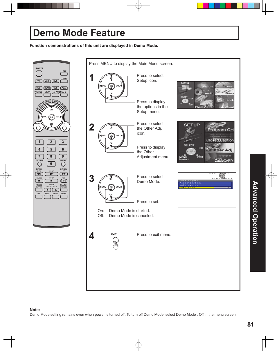 Demo mode feature, 3demo mode feature, 81 advanced op er a tion | Panasonic PT 60LCX64 User Manual | Page 81 / 112