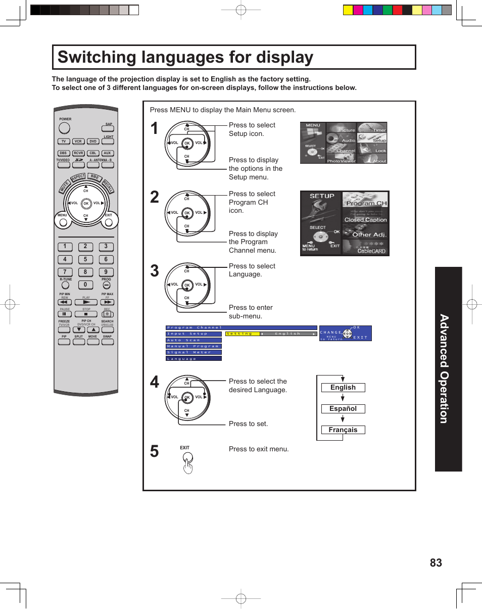 Switching languages for display, 83 advanced op er a tion | Panasonic PT 60LCX64 User Manual | Page 83 / 112
