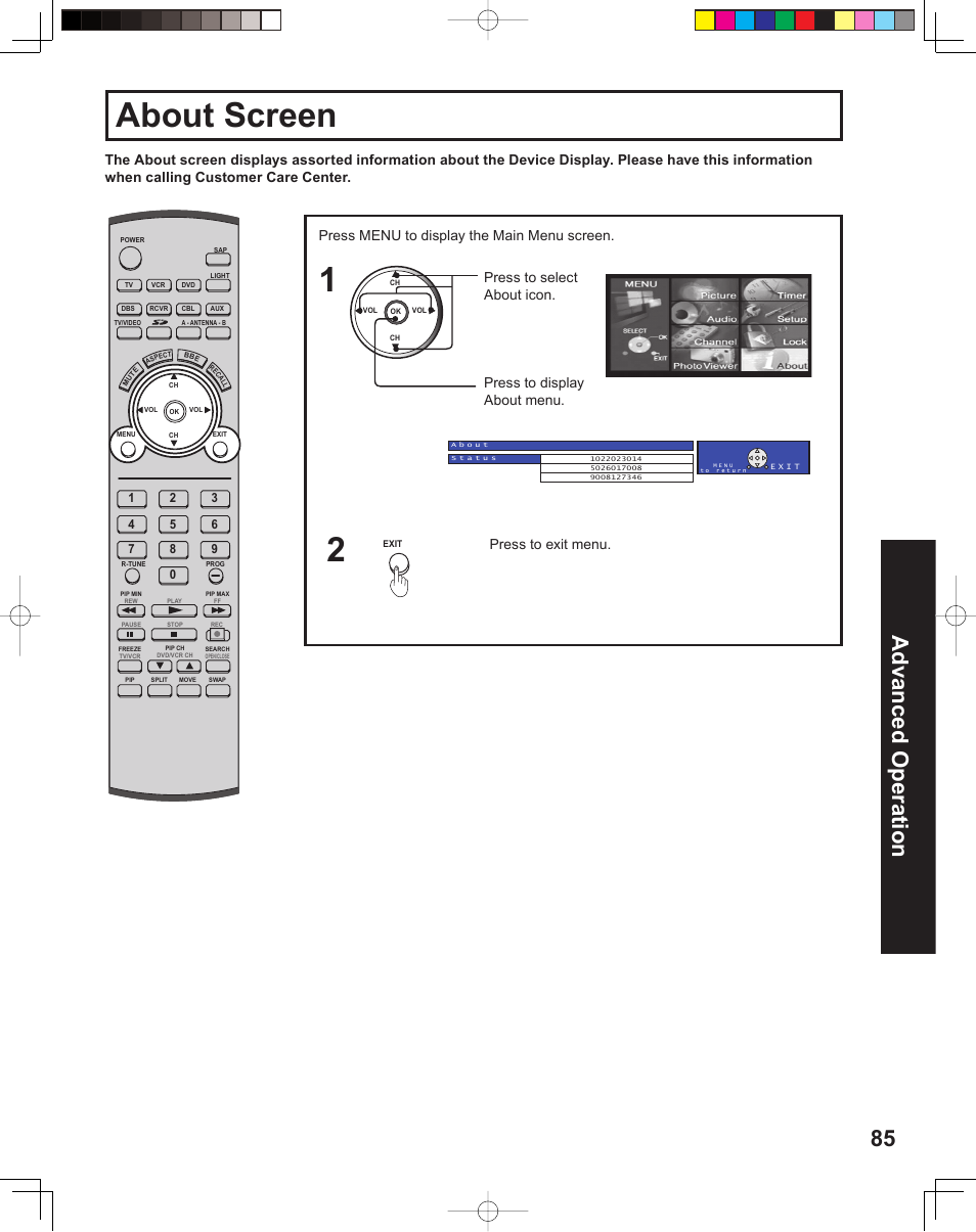 About screen, 85 advanced op er a tion, Press to exit menu | Panasonic PT 60LCX64 User Manual | Page 85 / 112